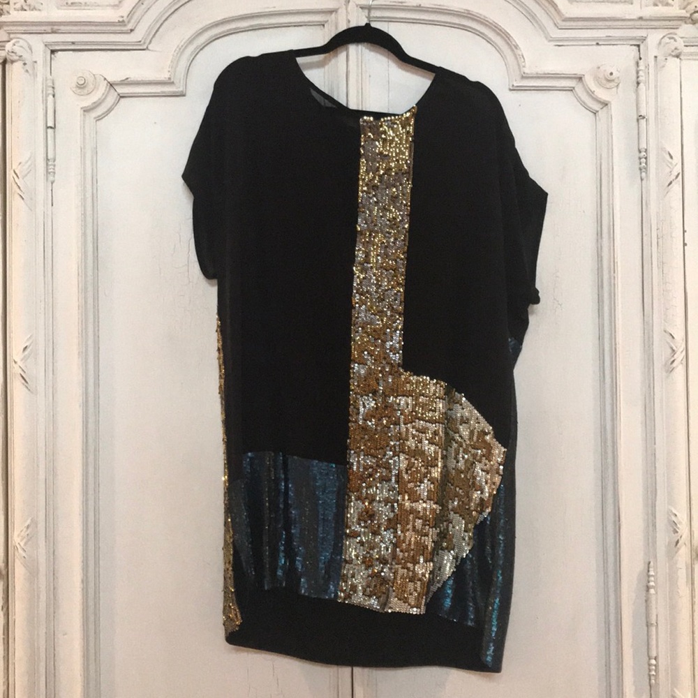 Black dress with navy and gold sequins